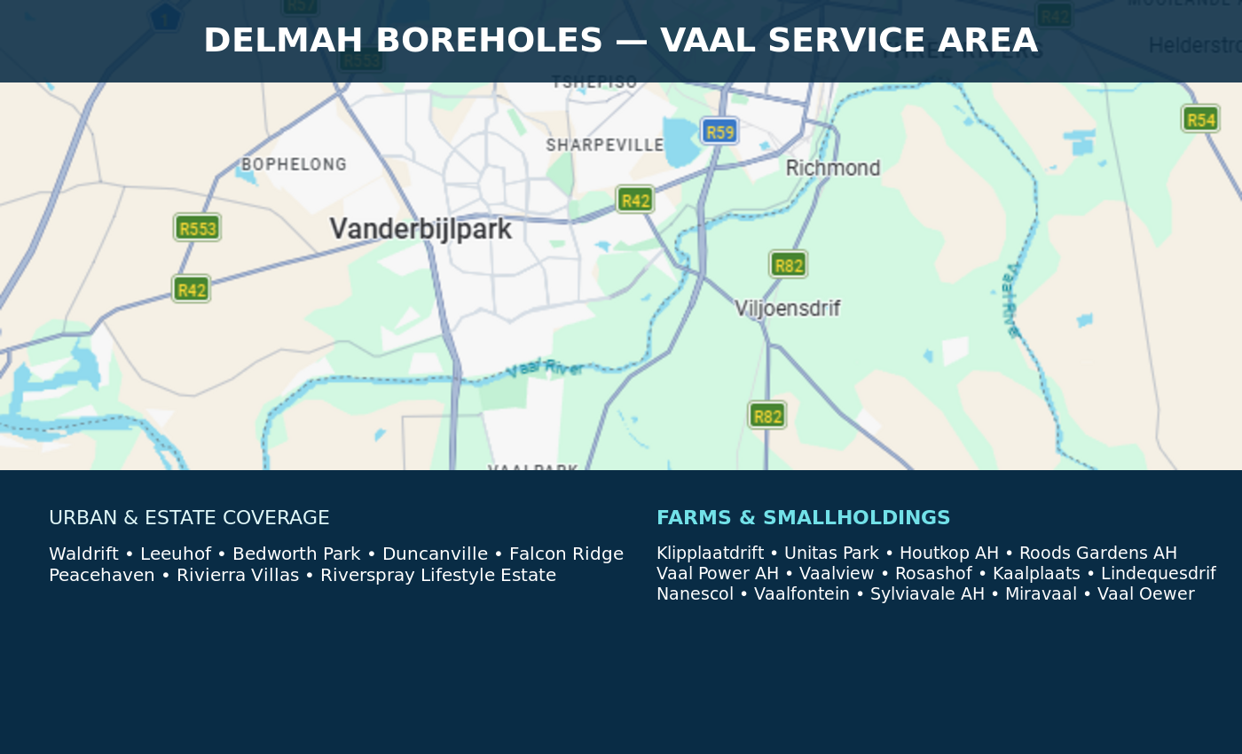 Delmah Boreholes service area map showing Vereeniging, Vanderbijlpark and surrounding farm areas